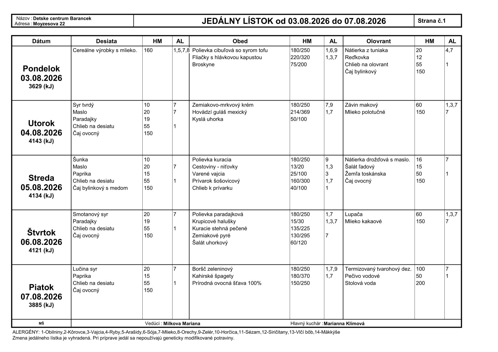 JL od 03.08. do 07.08. 2026